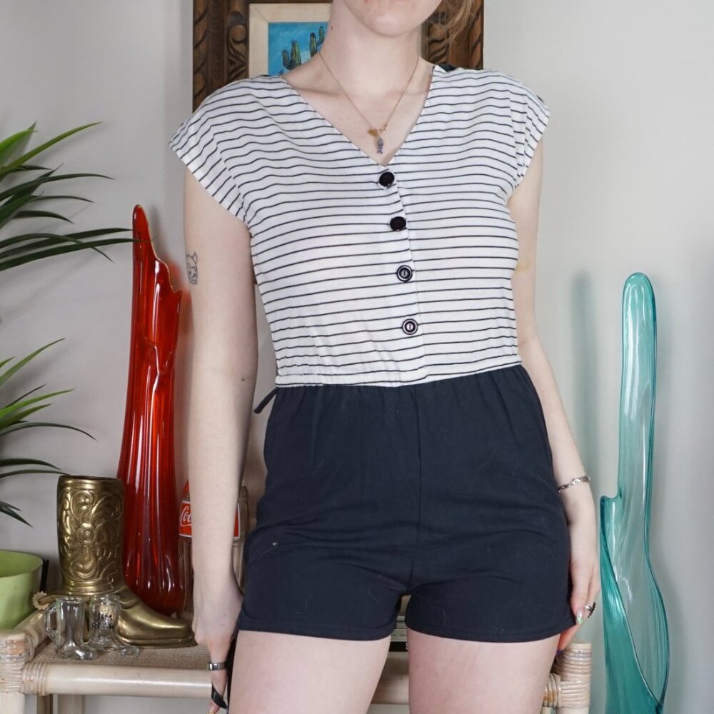 Vintage Cristina's striped low back romper criss-cross